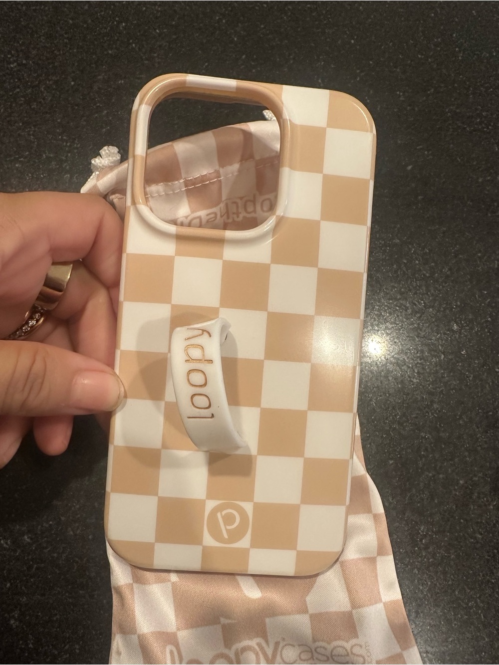 iPhone 14 Pro Checkerboard Beige & White Phone Case with Hand Strap
